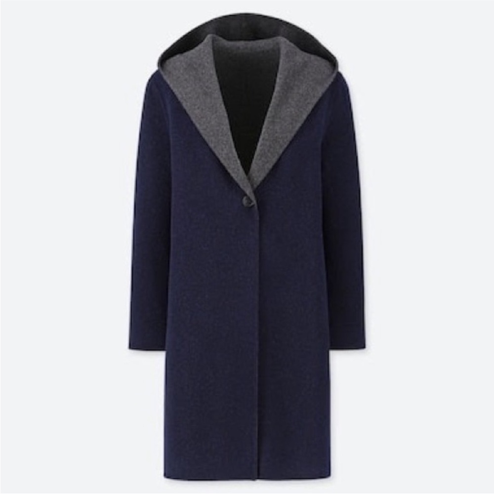 Uniqlo szXS brush wool double faced hooded coat in navy/ gray